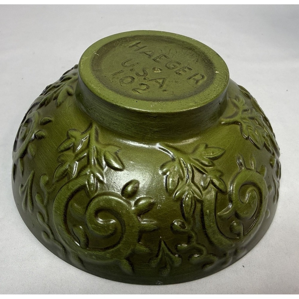 Vintage Haeger #102 USA Pottery Bowl Raised Scroll Work Planter Green MID Mod